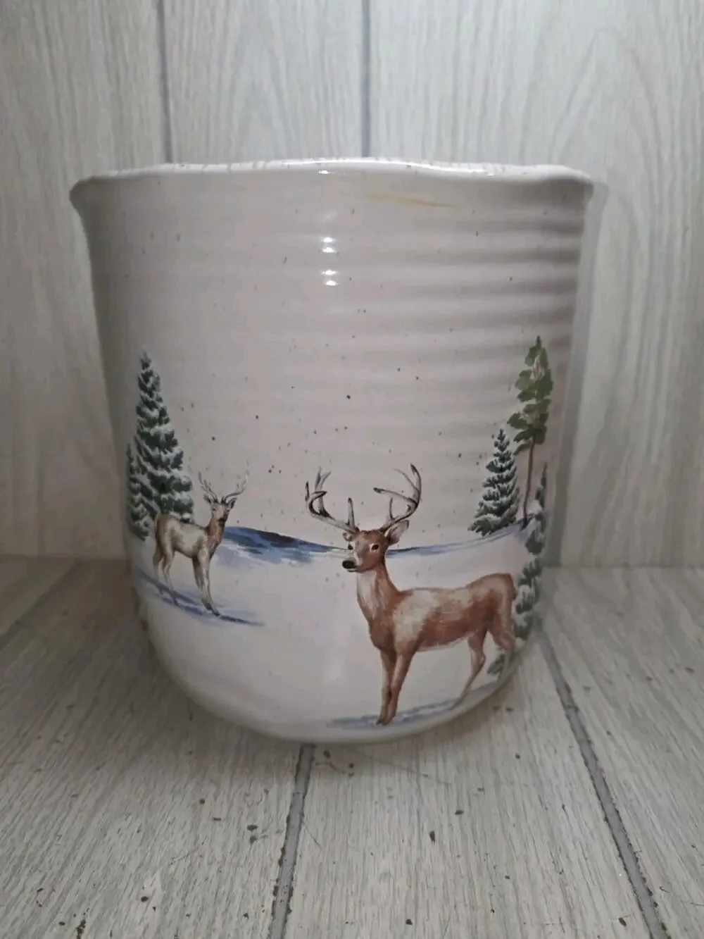 St. Nicholas Square Winter White Country Croc Jar Forest Cabin Deer Planter